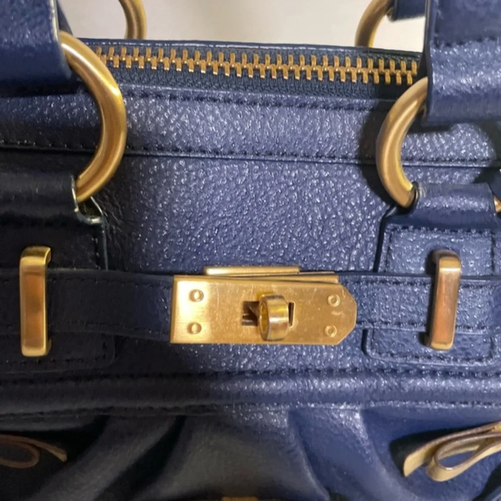 🟢 Samantha Thavasa Bow-Embellished Satchel / Boston Bag Navy Blue, Gold Hardware